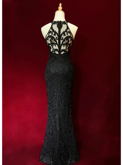 Robes de bal élégantes Inspo Sirène Col Rond Noir Pailleté Avec Perles Pour Femmes Robe de Soirée N3237