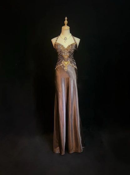 Robes de bal vintage Trapèze Col Américain Marron Sans Manches Satin avec Cape Perles Années 1980 Longue Robe de Soirée N2864
