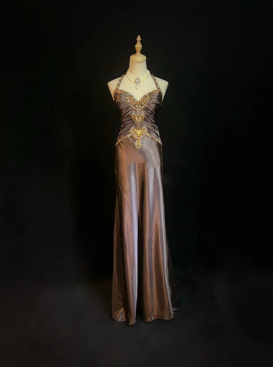 Vintage Prom Dresses A Line Halter Brown Sleeveless Satin With Cape Beading 1980s Long Formal Gown N2864