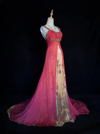Vintage Prom Dresses A-Linie Neckholder Hot Pink Chiffon Mit Goldener Spitze Lange Formelle Abendgarderobe N3856