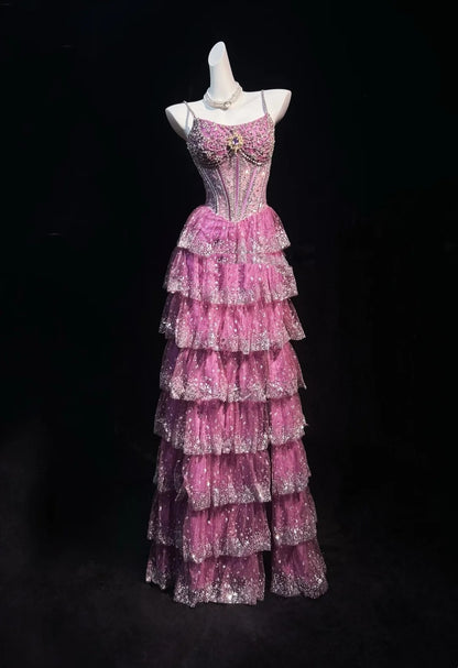 Vintage Prom Dresses A line Spaghetti Strap Pink Lace 80s With Tiered Layers Long Formal Evening Outfits N4207