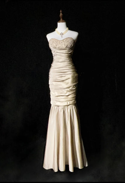 Robes de bal vintage des années 2000, sirène, bustier en cœur, couleur champagne avec perles, longue robe de bal N3023