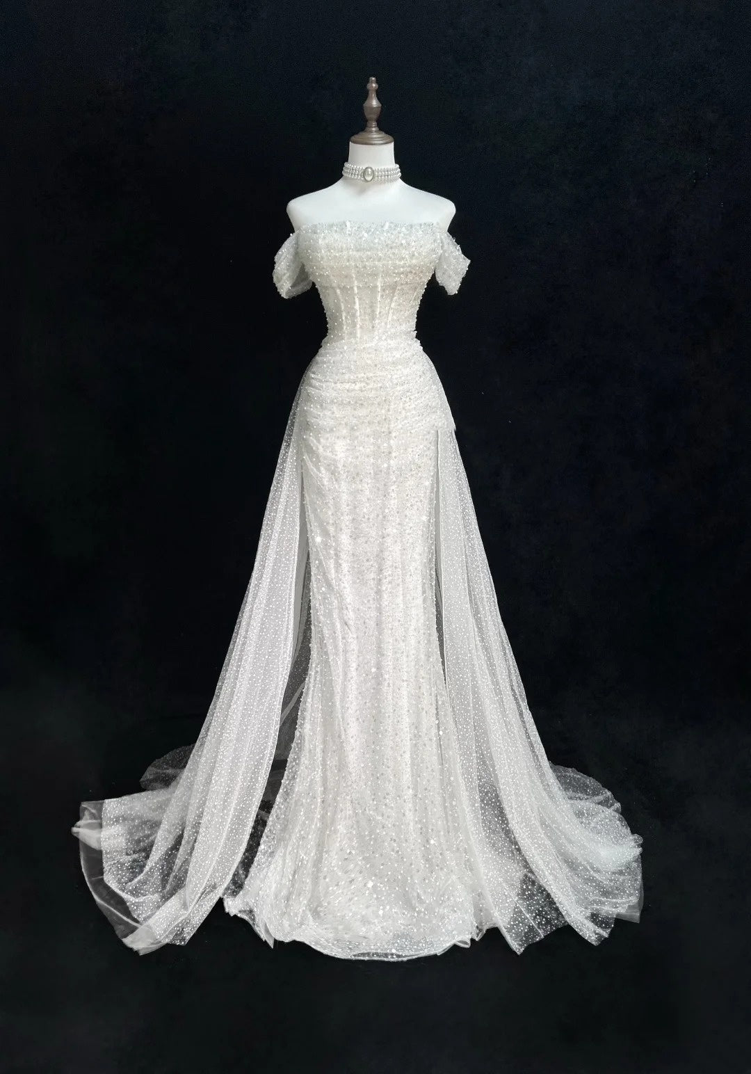 Robes de mariée uniques sirène, épaules dénudées, paillettes avec volants, longue robe de mariée blanche N3619