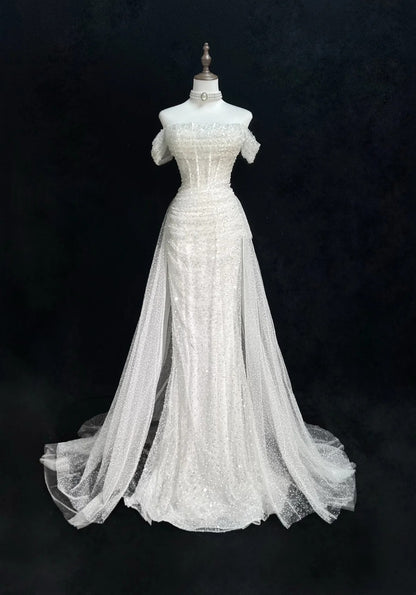 Robes de mariée uniques sirène, épaules dénudées, paillettes avec volants, longue robe de mariée blanche N3619