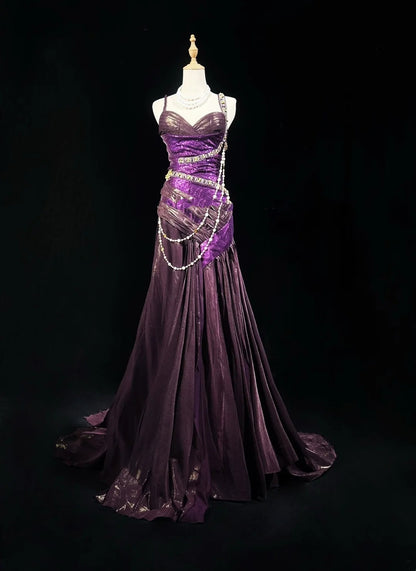 Vintage Abschlussballkleider 1960er Jahre Meerjungfrau Spaghettiträger Lila mit Perlenbesatz Langes Ballkleid N3117