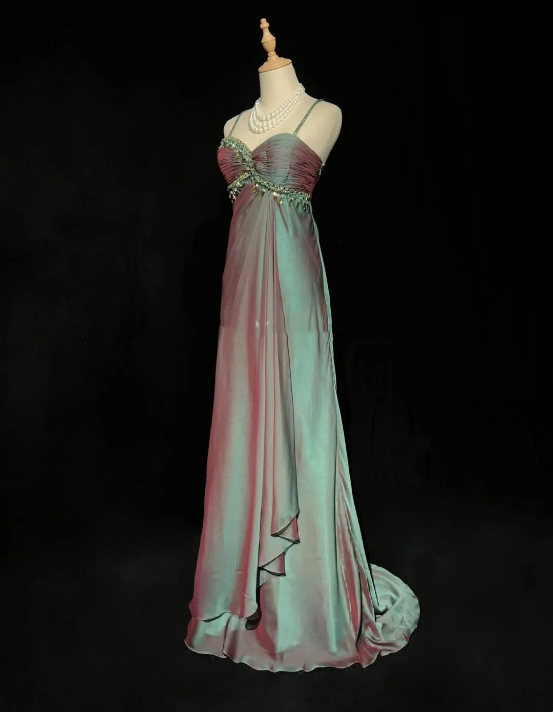 Vintage Ballkleid Ästhetik Kleider A-Linie Spaghettiträger Grün Chiffon Langes Abendkleid N3017
