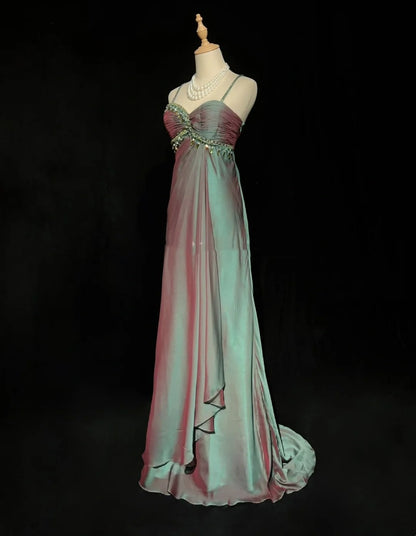 Vintage Ballkleid Ästhetik Kleider A-Linie Spaghettiträger Grün Chiffon Langes Abendkleid N3017