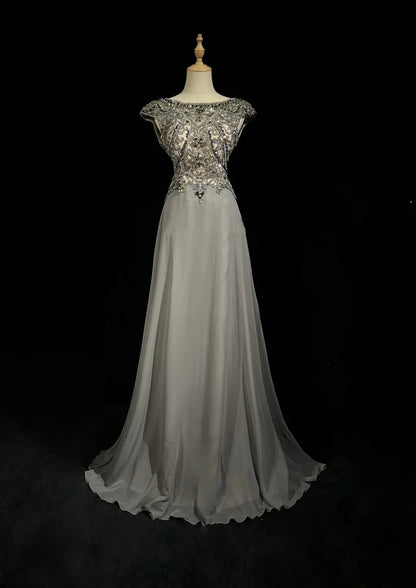 Robes de bal vintage des années 80 A-ligne col rond gris sans manches en mousseline avec perles Tenues de soirée semi-formelles N3615