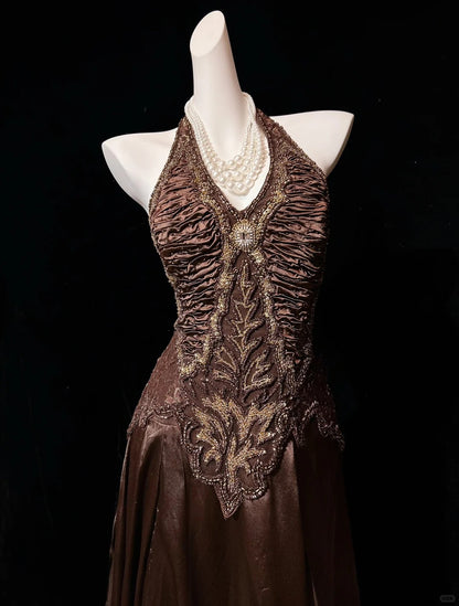 Retro A line Halter Chocolate Long Floor Length Prom Dresses Formal Party Outfits RB3949