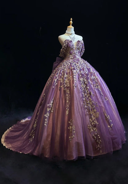 Ball Gown Off The Shoulder Purple Tulle With Appliqued Prom Dresses Sweet 16 Formal Outfits RB3938
