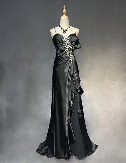 Vintage Prom Dresses Inspo A line Spaghetti Strap 90s Chiffon Black Tie Dress Chiffon With Lace For Women Formal Dress N3304