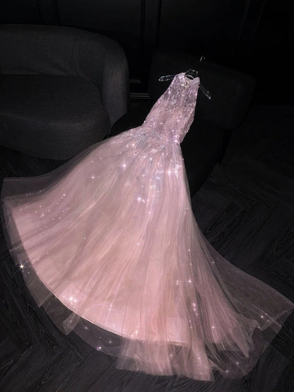 Märchenhaftes, langes, formelles Abendkleid in A-Linie aus rosa Tüll, formelles Kleid zum 18. Geburtstag, Ballkleid N731