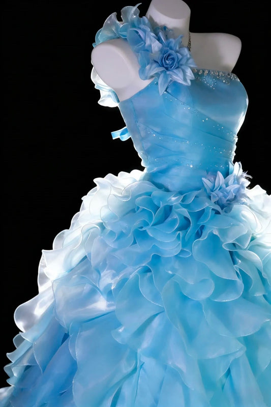 Fairy Ball Gown One Shoulder Ice Blue Tiered Layers Organza Quince Prom Dresses Quinceanera Dress N2965