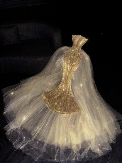 Robe de soirée longue sirène sans bretelles à paillettes dorées, ornée de sequins, idéale pour un 18e anniversaire ou un bal de promo (N732)