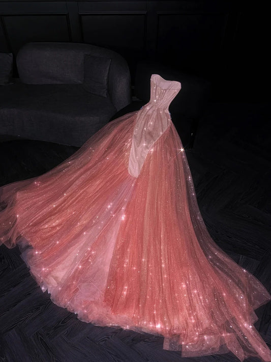 Glittery Mermaid Strapless Coral Pink Sequined Long Formal Evening Dress Formal 18th Birthday Gowns Prom Dresses N734