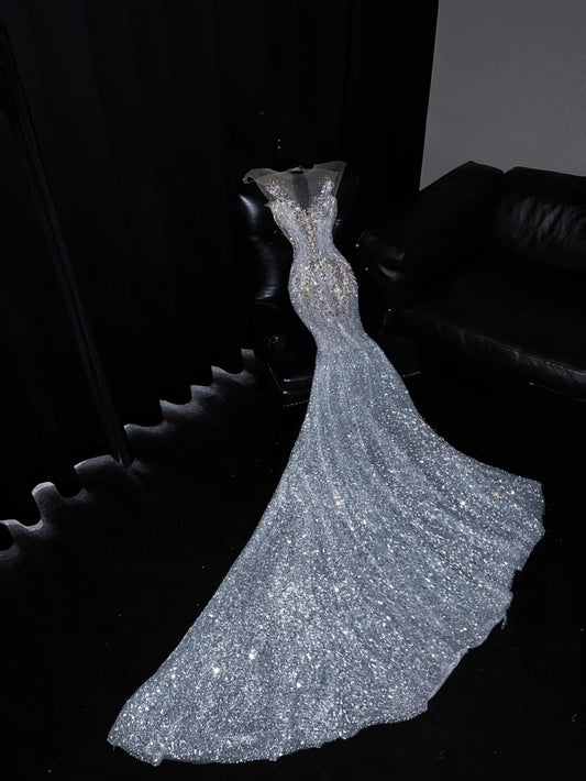 Sparkly Wedding Dresses Mermaid Scoop Silver Sequins Long Brides Dress Fitted Bridal Gown N1352