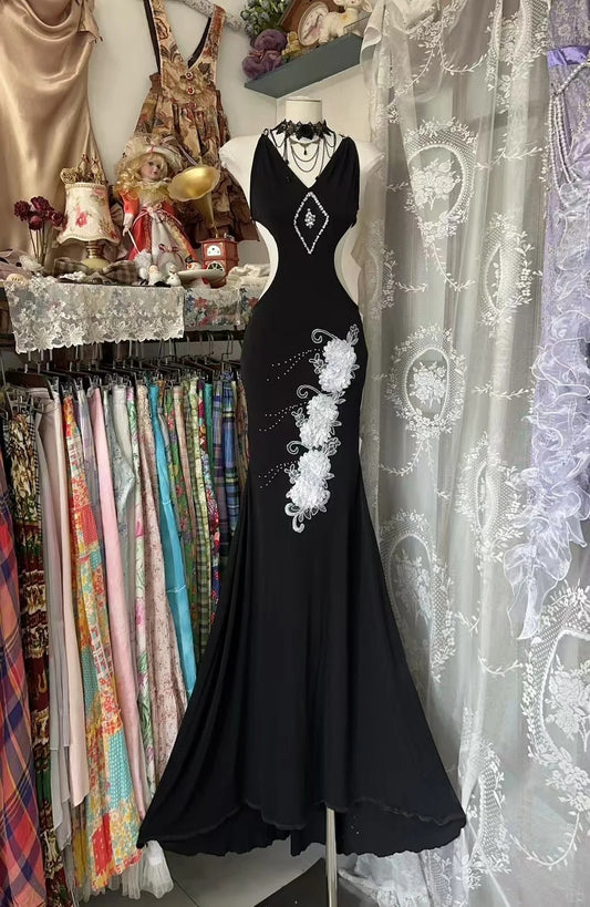 Vintage Prom Dresses Aesthetic Mermaid V Neck Black Chiffon Long Inspo Formal Gowns N1989