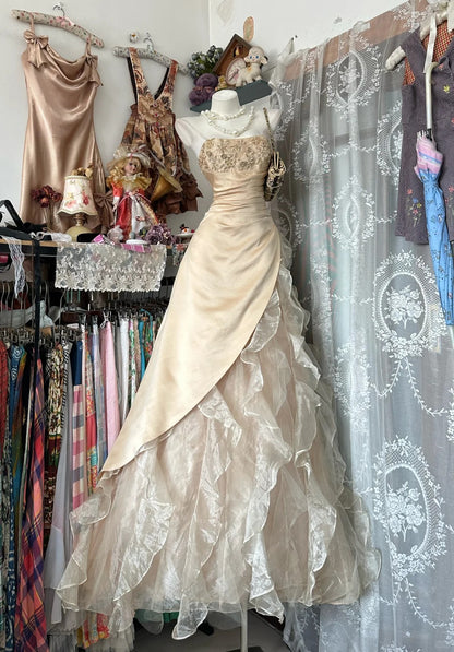 Ball Gown Strapless Champagne Sleeveless With Beads Prom Dresses Formal Outfits RB3940