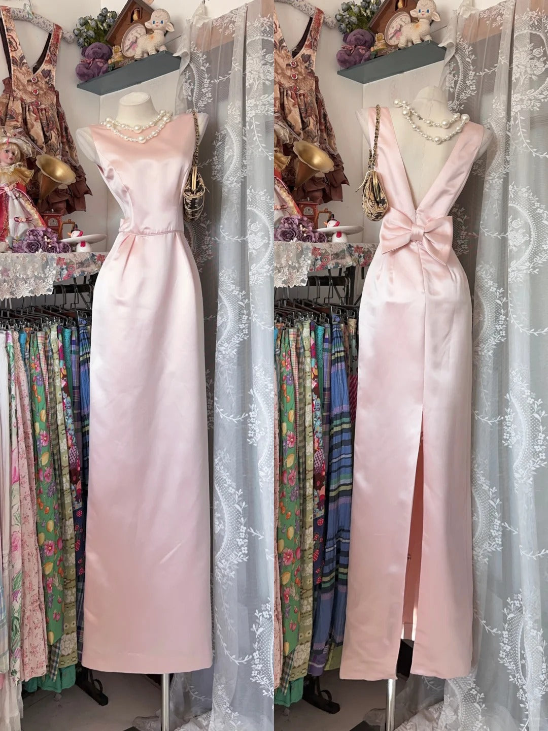 Robes de bal élégantes Fourreau Satin Rose avec Fente Tenues de soirée sans manches N3785