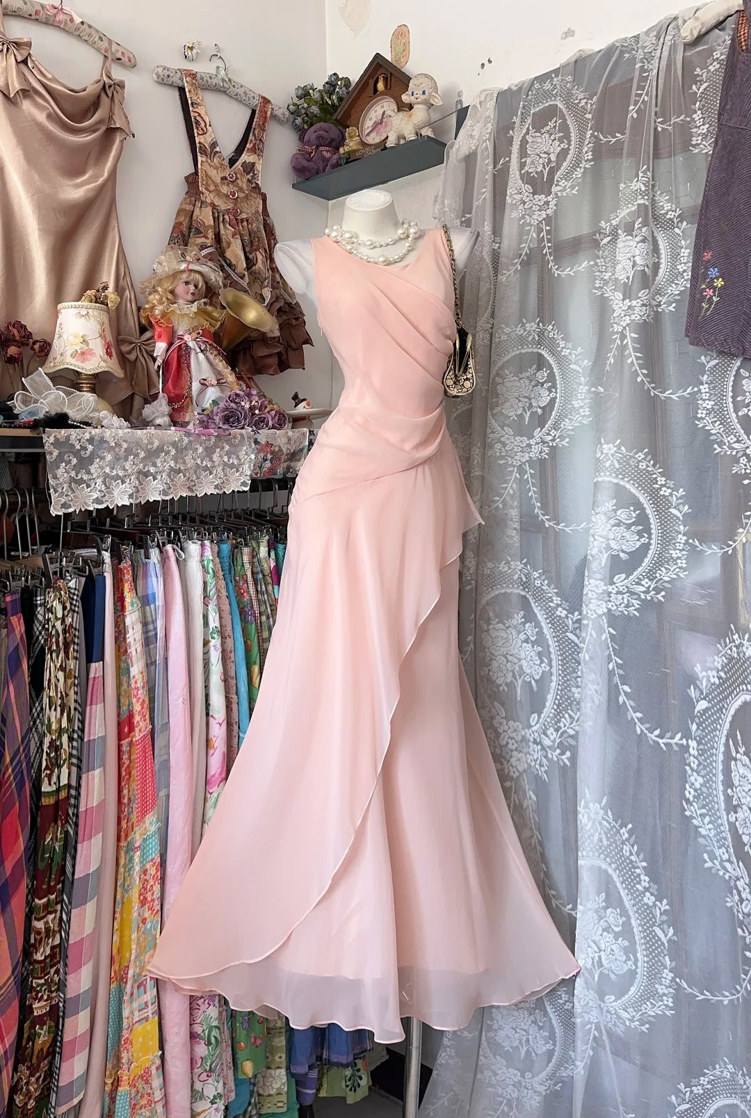 Vintage Mermaid Scoop Blush Pink Chiffon Date Night Evening Outfit Formal Prom Dresses RB5293