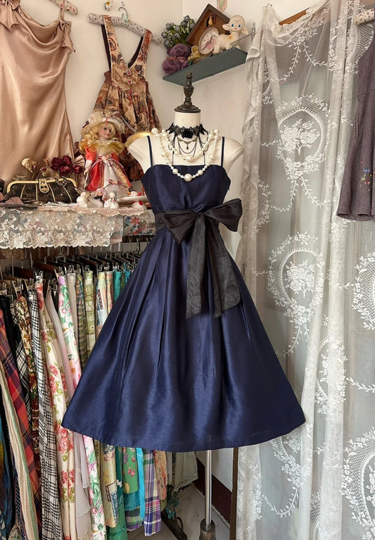 Simple A line Spaghetti Strap Navy Blue Satin Short Graduation Birthday Gown Homecoming Dresses N3721