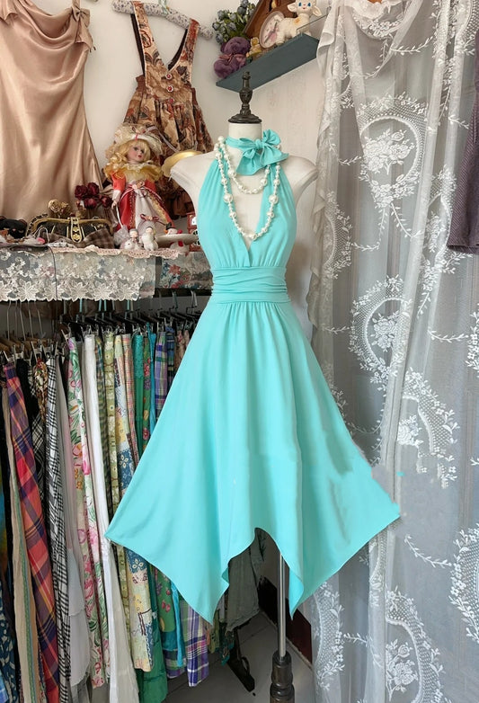 Vintage High Low Halter Blue Chiffon Hoco Gowns Short Birthday Dress Homecoming Dresses N1341