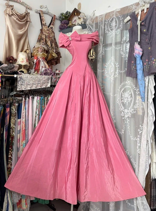 Vintage Prom Dresses Aesthetic 1960s Retro Ball Gown Off The Shoulder Pink Long Formal Dress N2257