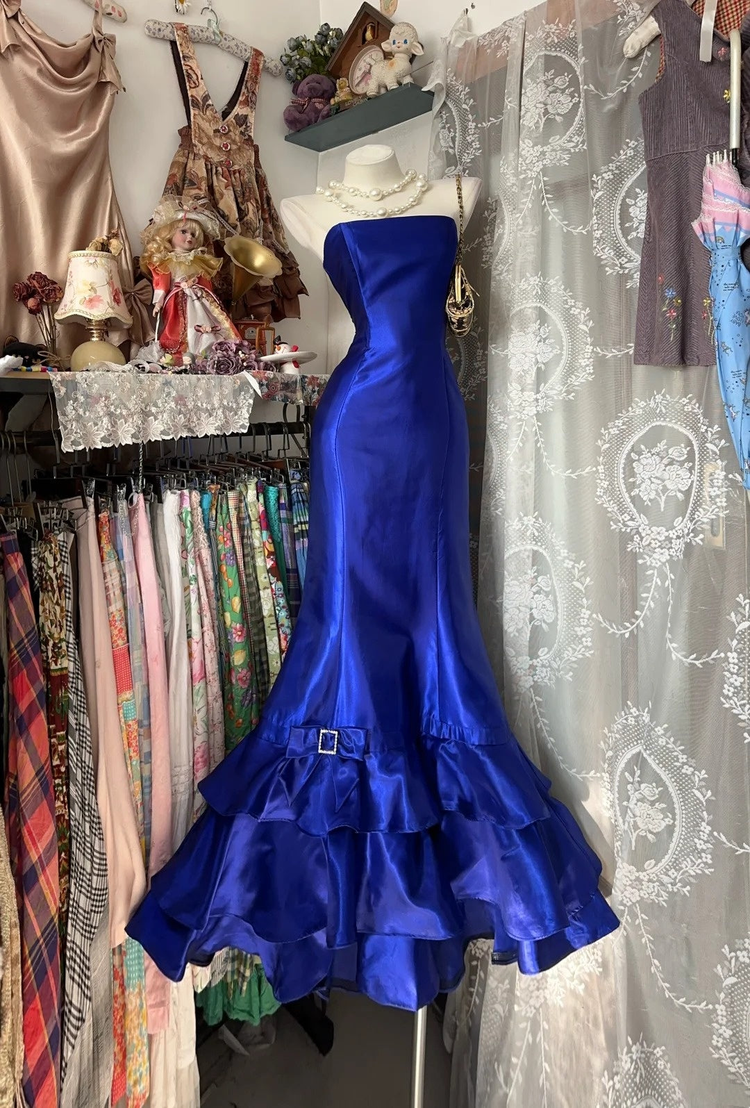 Vintage Meerjungfrauen-Abendkleid aus den 2000er Jahren, trägerlos, königsblau, ärmellos, aus Satin, für Damen und Mädchen, N660
