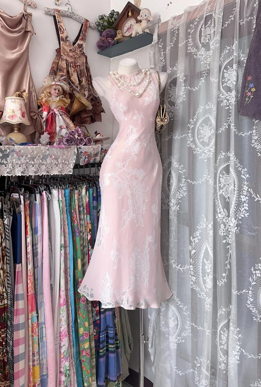 Vintage Mermaid High Neck Pink Floral Date Night Evening Outfit Formal Prom Dresses RB5297