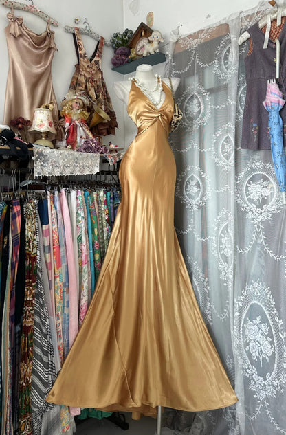 Classy Prom Dresses Mermaid Halter Gold Satin Backless Long Formal Evening Outfits N3766
