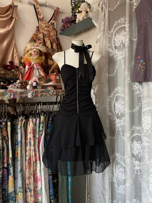 Vintage A line Spaghetti Strapp Black Knee Length Graduation Birthday Outfits Homecoming Dresses N3735