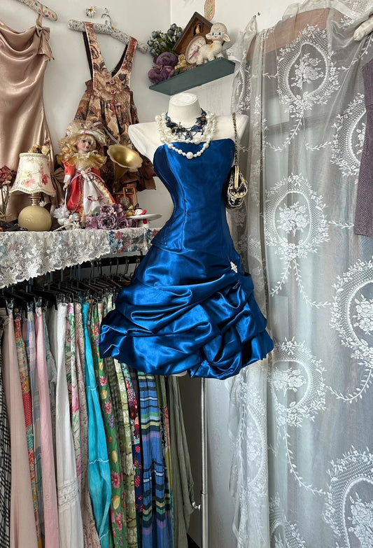 Vintage Ball Gown Strapless Navy Blue Satin Short 16th Birthday Dress Middle School Homecoming Dresses Cocktail Gown N657