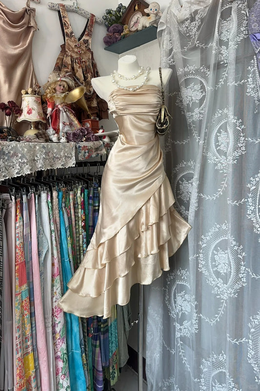 Vintage Mermaid Strapless Champagne Satin Mid Length Graduation Birthday Outfits Homecoming Dresses N3740
