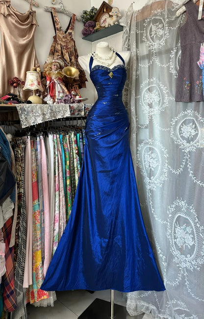 Robe de bal longue sans manches bleu roi à col halter sirène vintage années 2000, ornée de perles argentées, pour femmes et jeunes filles (N659)