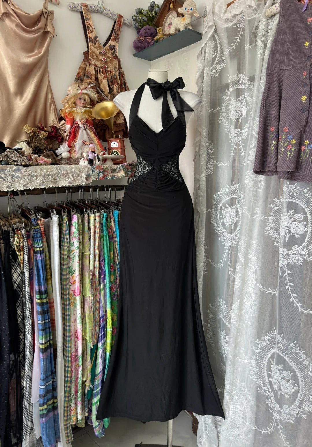 Vintage Meerjungfrauen-Halterkleid aus schwarzem Chiffon, langes Abendkleid, formelles Kleid für Geburtstagsfeiern und Abschlussbälle N1733
