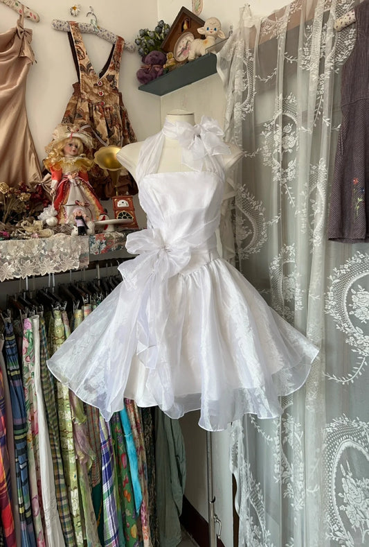 Simple Ball Gown Halter White Satin Short Mini Graduation Birthday Gown Homecoming Dresses N3755