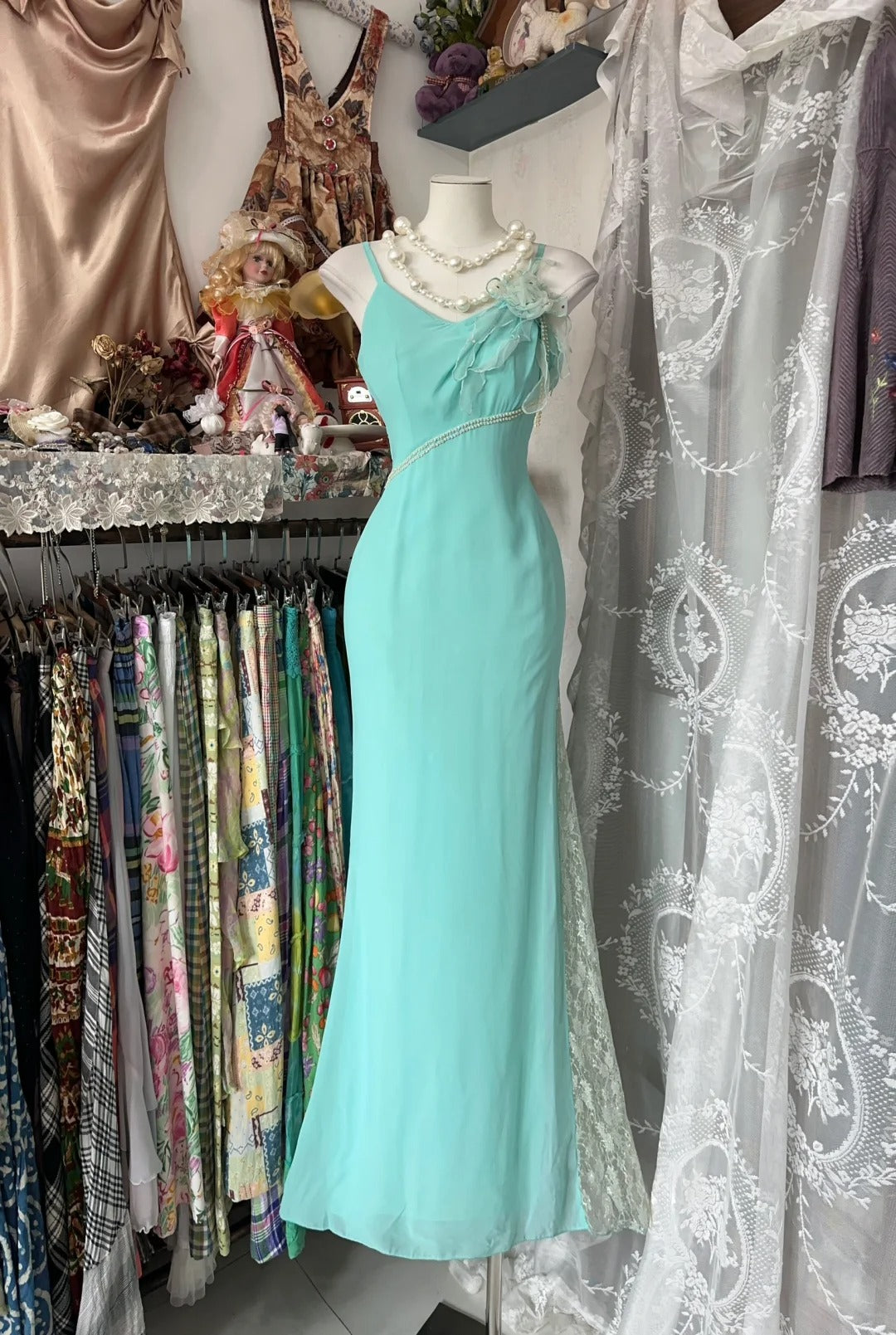Vintage Meerjungfrauen-Abendkleid aus grünem Chiffon mit Spaghettiträgern, langes Kleid, formelles Kleid für den 18. Geburtstag, Abschlussball, N1745