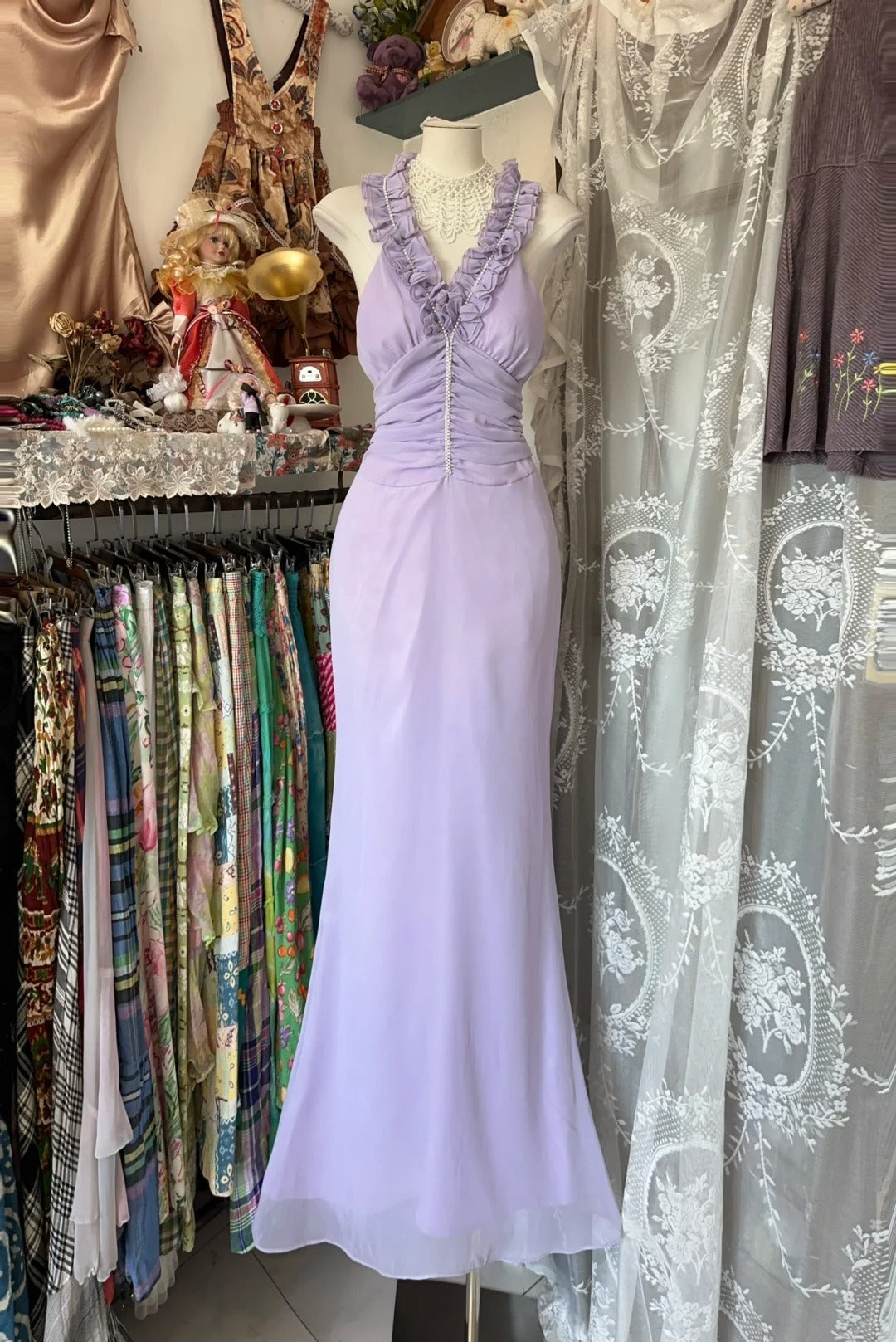 Vintage Meerjungfrauen-Abendkleid aus lila Chiffon mit Neckholder, langes Kleid, formelles Abendkleid für den 18. Geburtstag, Abschlussball, N1734