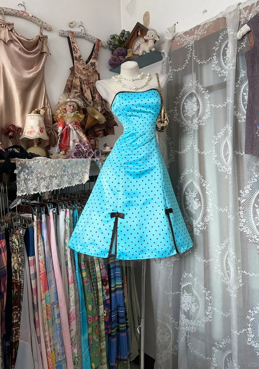 Dress for Women Summer New Vintage Retro Style A Line Blue Polka Dots Satin Homecoming Dresses N2252
