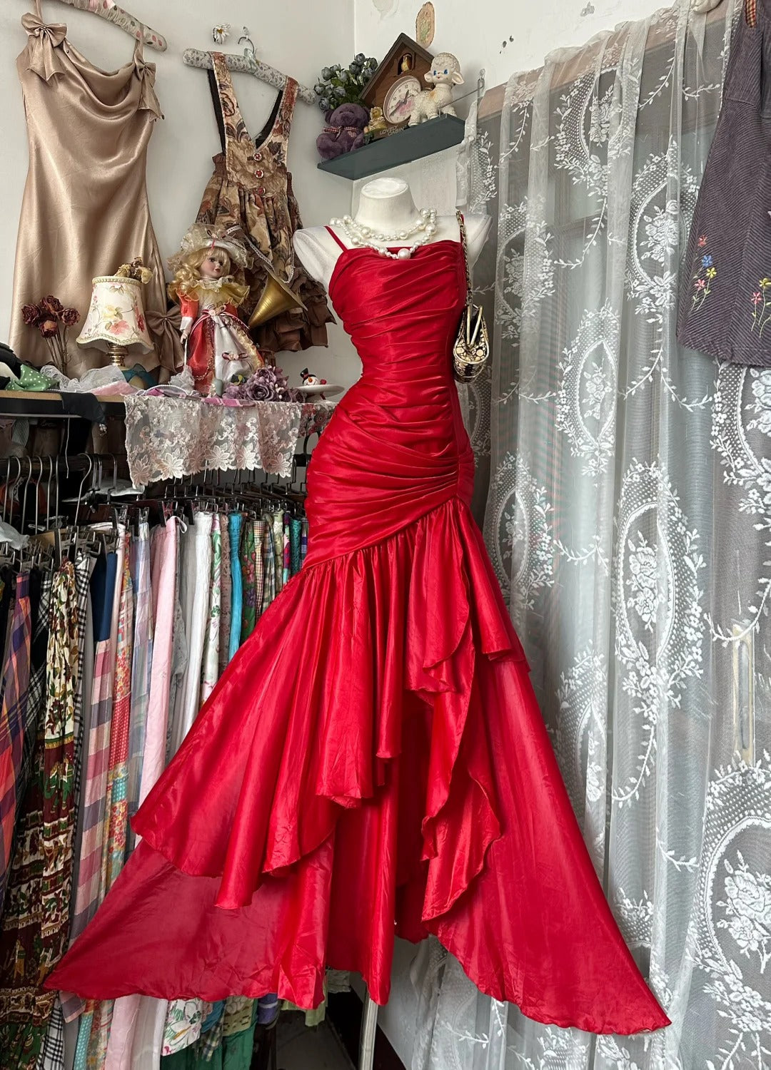 Vintage Prom Dresses 80s Mermaid Spaghetti Straps Red Satin With Ruffles Floor Length Formal Outfits RB4363
