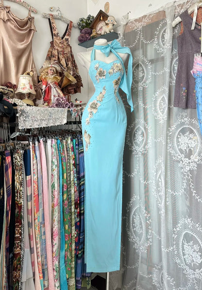 Elegante Abschlussballkleider Etui Neckholder Tiffany-Blau Chiffon mit Applikationen Lange formelle Abendgarderobe N3765