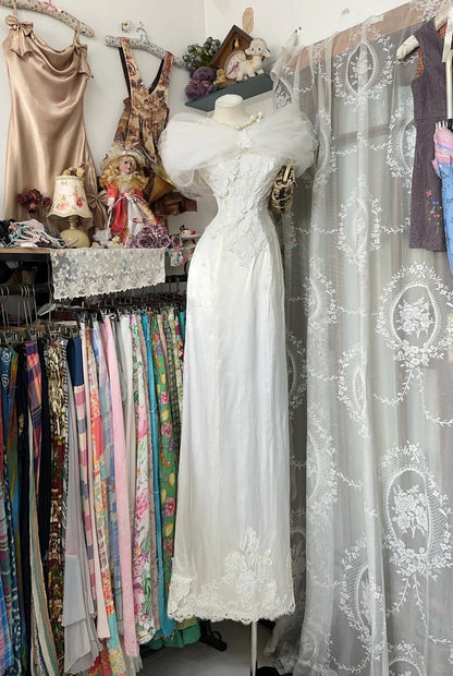 Robes de bal vintage esthétique sirène rétro années 60, robe de soirée longue en dentelle blanche à épaules dénudées N2256