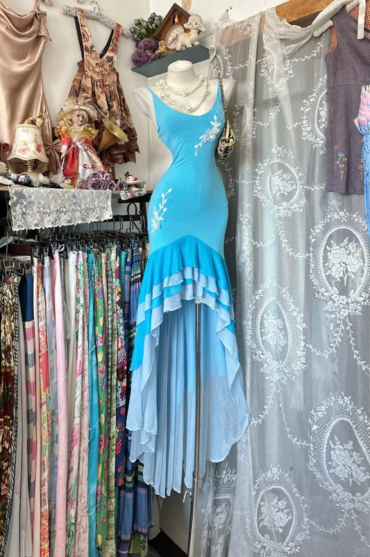 Vintage Mermaid Blue Spaghetti Strap Chiffon Sleeveless Formal For Women Girls Teens Prom Dresses N2250