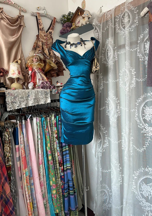 Dress for Women Summer New Vintage Retro Style Sheath Blue Satin Homecoming Dresses N2260
