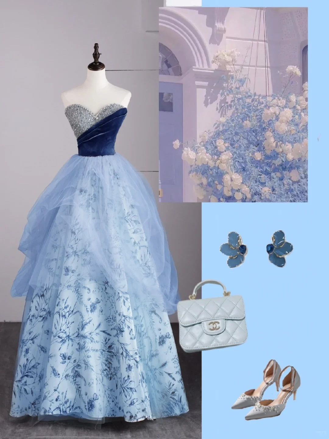 Robe de bal ravissante, bustier cœur en tulle bleu à fleurs, sans manches, avec corsage orné de perles, robe longue de quinceañera, tenue pour un anniversaire de 15 ou 16 ans (N689)
