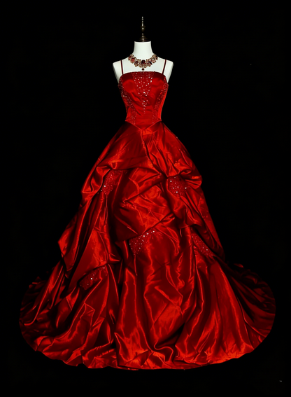 Robe de bal à fines bretelles en satin bordeaux, robe de soirée, robe de cérémonie, style vintage, N1776
