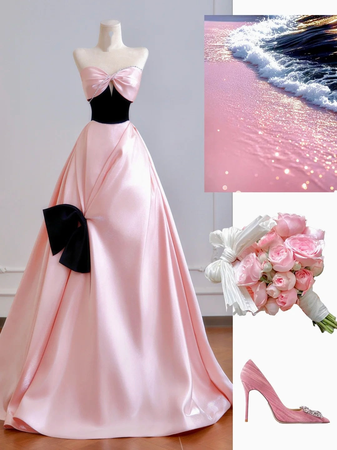 Zeitloses Ballkleid mit Herzausschnitt, langes, rosa Satin-Abendkleid, Inspiration für Partykleider N400