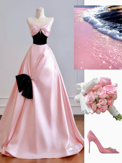 Zeitloses Ballkleid mit Herzausschnitt, langes, rosa Satin-Abendkleid, Inspiration für Partykleider N400