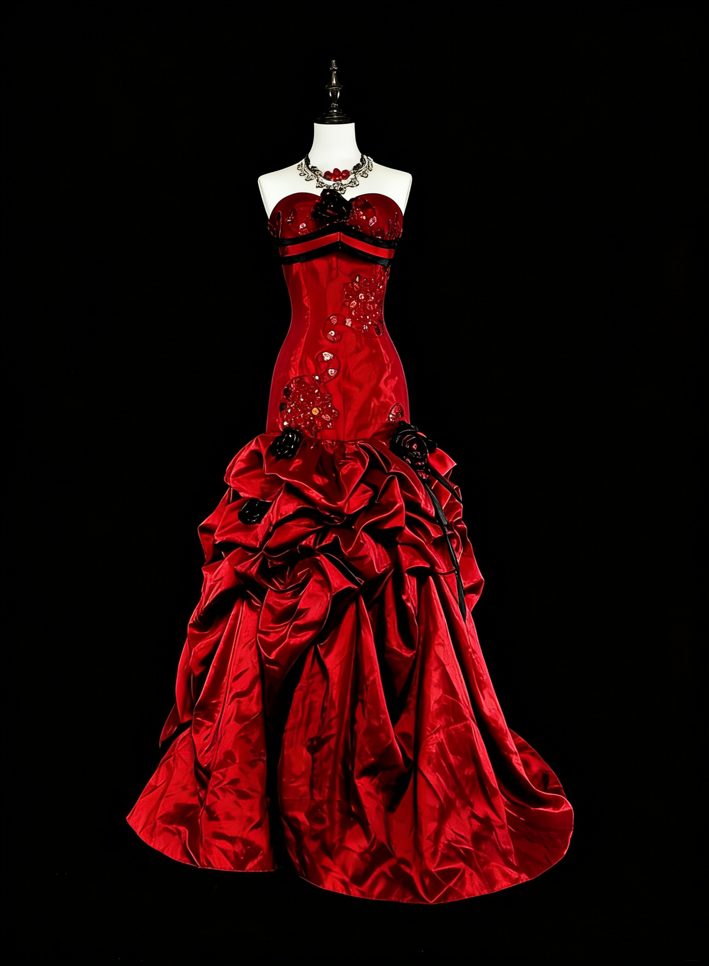 Robes de bal vintage sirène bustier plissées satin bordeaux avec appliques longue robe de soirée N2373