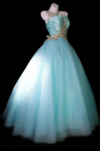 Bescheidene Ballkleider für den Abschlussball, trägerlos, helles Himmelblau, Tüll mit Perlenstickerei, langes Quinceañera-Kleid N2971